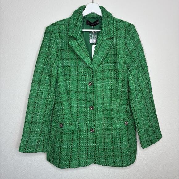 Endless Rose Sequin Trim Jeweled Button Sparkle Emerald Green Tweed Blazer L NWT - Picture 3 of 13